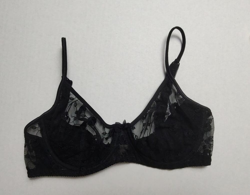 Vintage Cacique 36B Black Floral Lace Bow Semi Sheer Underwire Demi Bra